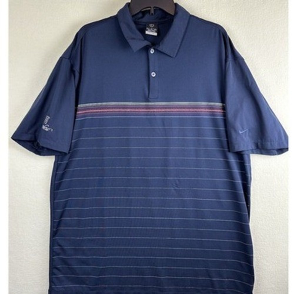 Nike Golf Dri-FIT UV Polo Shirt Mens XL Navy Blue Striped Seaview Short Sleeve
